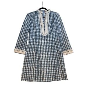 Tory Burch Coastal Sonda Dress Blue Long Sleeve Embroidered Boho‎ EUC